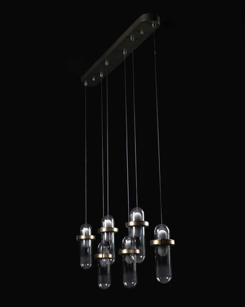 Celesta Beam – 6-Light Linear Chandelier with Smoky Glass Globes