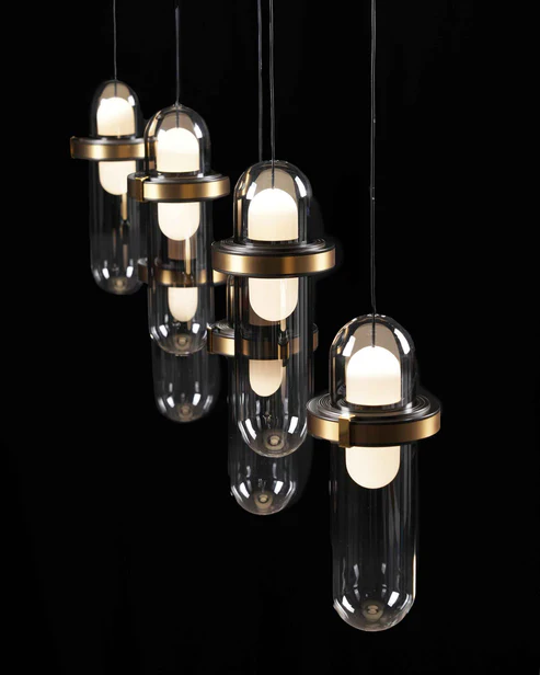Celesta Beam – 6-Light Linear Chandelier with Smoky Glass Globes
